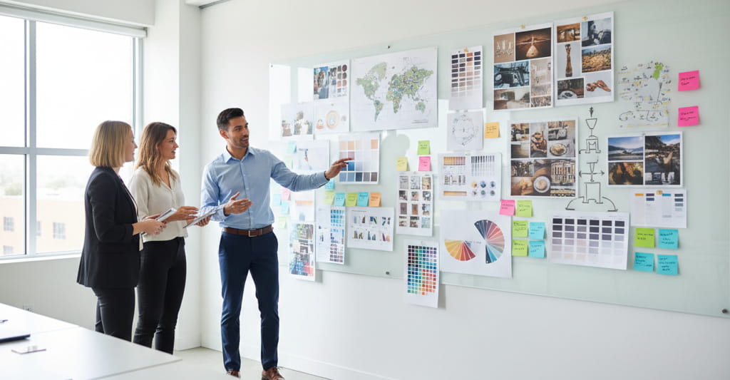 Brand identity strategy workshop with visual mapping and positioning charts