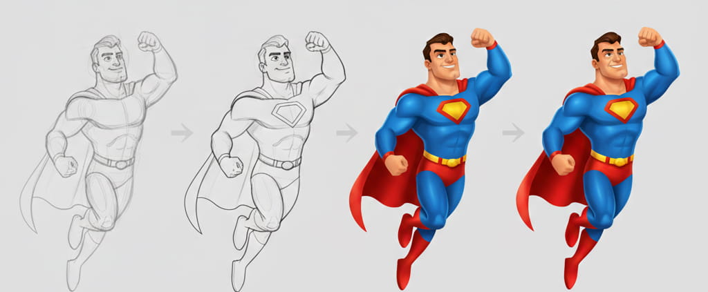 Step-by-step cartoon character development process from sketch to final colored artwork
