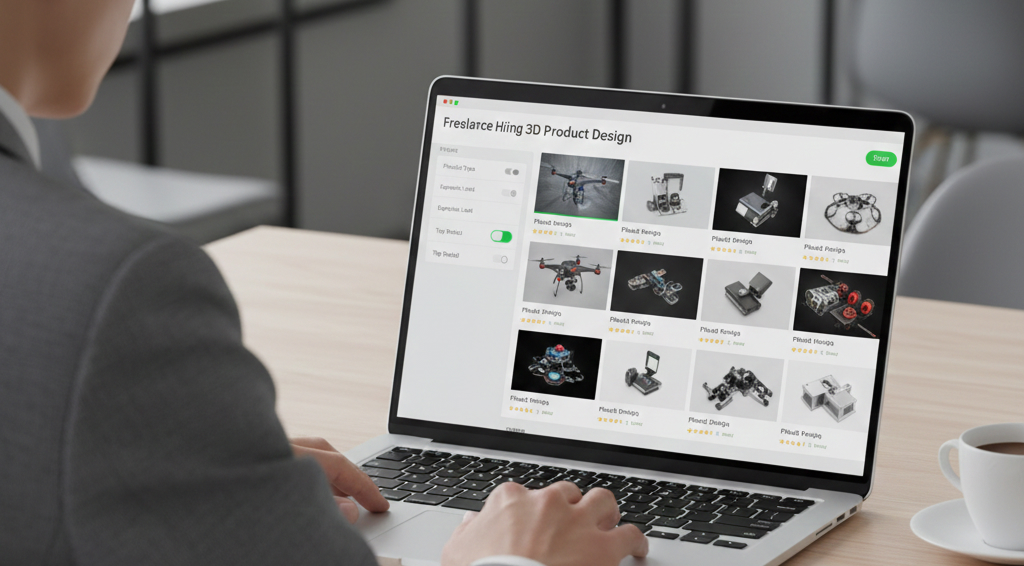 Business professional comparing online platforms to hire a 3D designer.