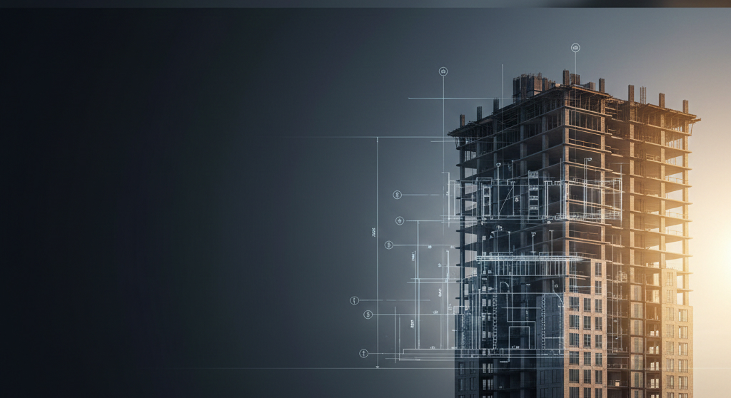 Architectural blueprint transitioning into a real high-rise building structure.