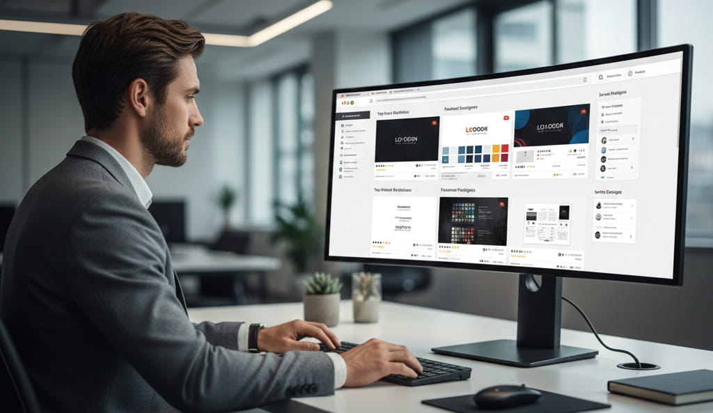 Business professional reviewing brand identity designer portfolios on digital platform