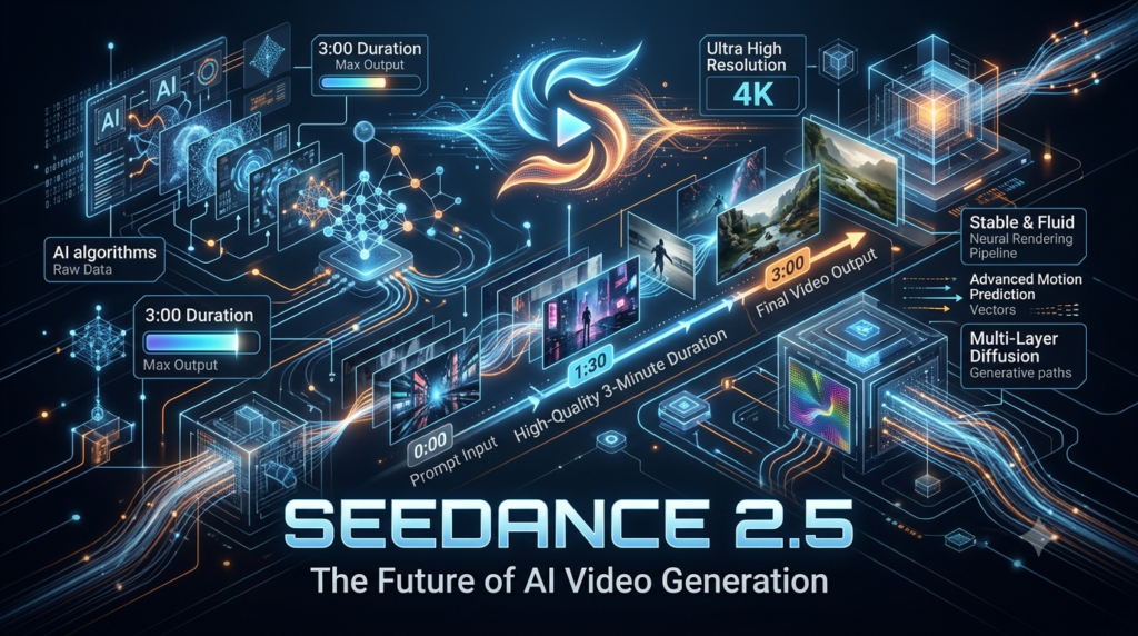 Seedance 2.5 futuristic AI video production visualization.